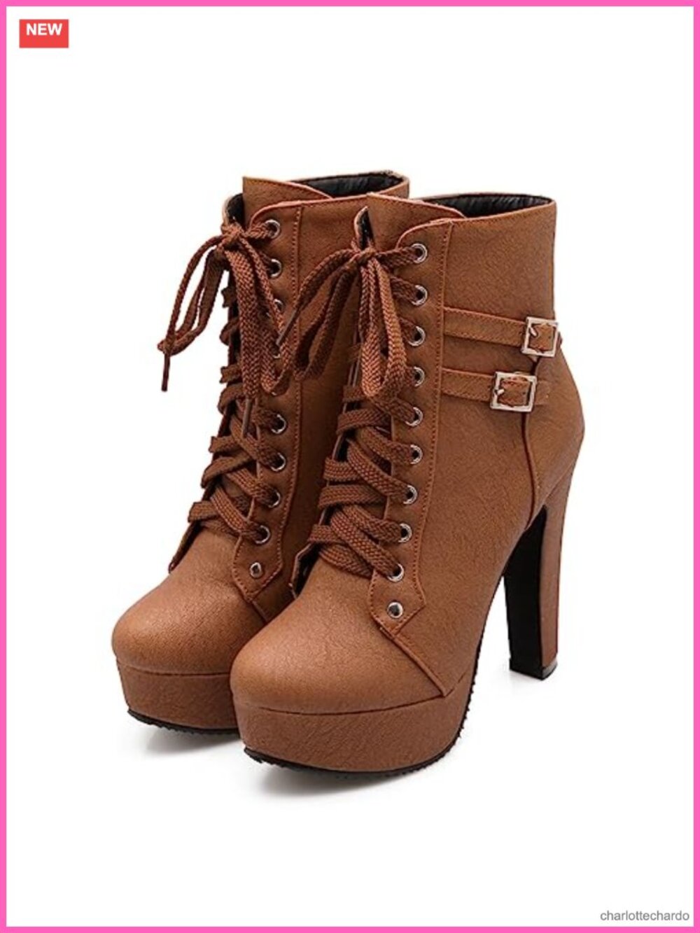 Chunky Heel Lace Up Platform Biker Boots Ankle Booties Buckle